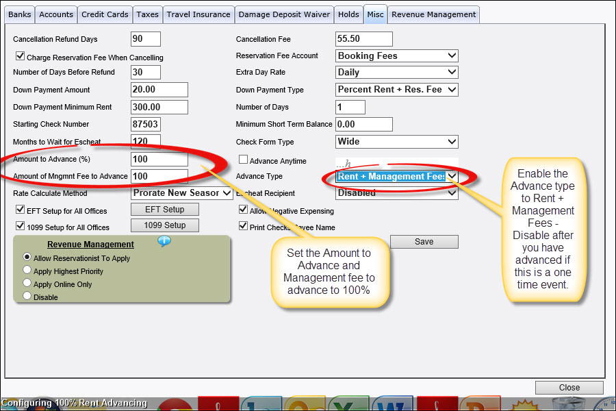 Configuring 100% Rent Advancing
